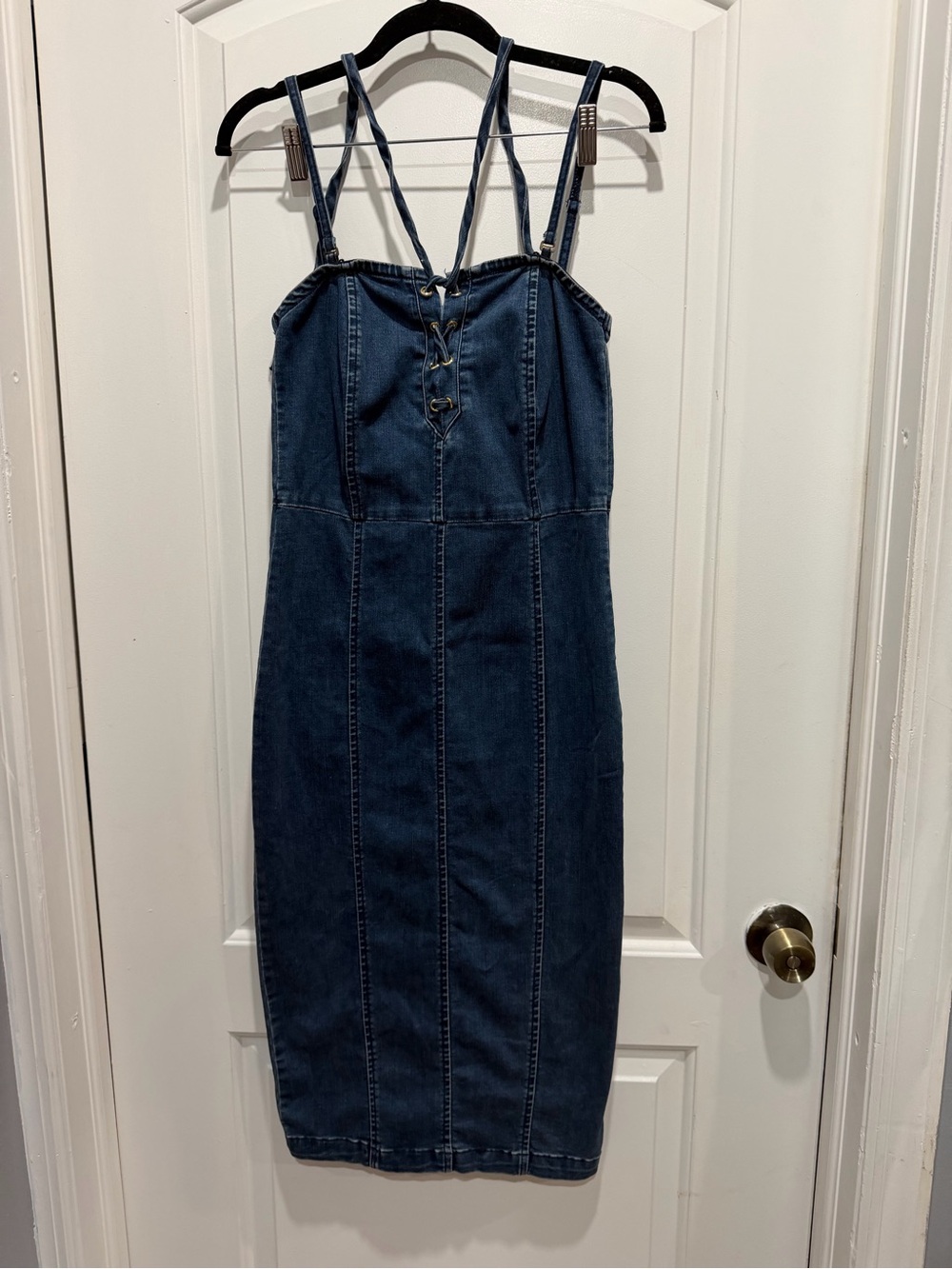 New York & Company Dark Blue Denim Midi Dress with Lace-Up Front